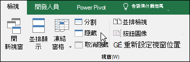 從 [檢視] 中隱藏或顯示活頁簿 > Windows > 隱藏/取消隱藏