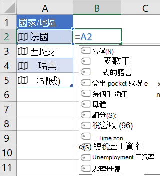 儲存格 A2 包含 "France";儲存格 B2 包含 =A2。 公式自動完成功能表會顯示與連結記錄中的欄位