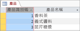 產品資料表的螢幕程式碼片段