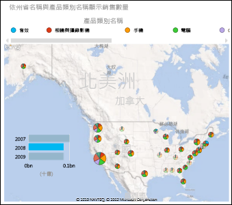 含圓形圖的 Power View 美國地圖