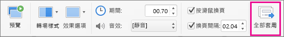[轉場] 索引標籤上的 [全部套用] 按鈕