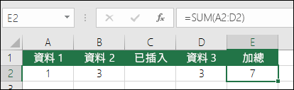 範例說明插入欄時 SUM 公式自動從 =SUM(A2:C2) 延伸至 =SUM(A2:D2)