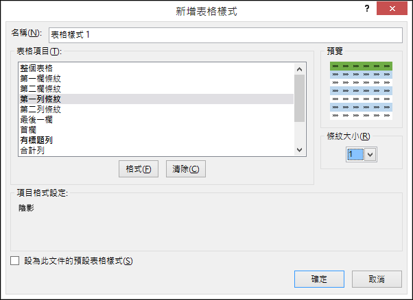 將自訂樣式套用到表格的 [新增表格樣式] 對話選項