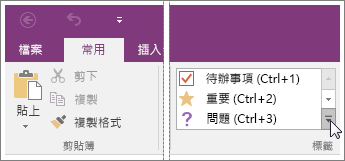 螢幕擷取畫面顯示 OneNote 2016 中的標籤清單。