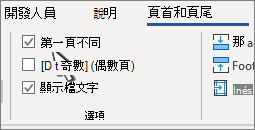 已選取 [第一頁不同] 的頁首功能區選項