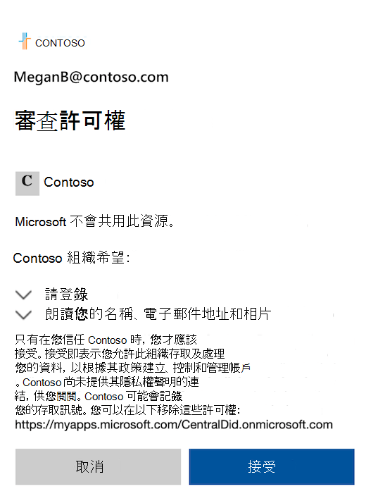 顯示 [檢閱] 許可權與 [接受] 或 [取消] 選項的對話方塊。