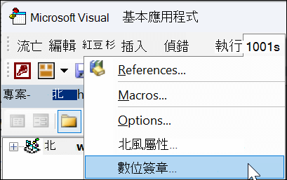 Microsoft在下拉功能表上選取 [數字簽名] 選項的 [Visual Basic for Applications] 視窗。