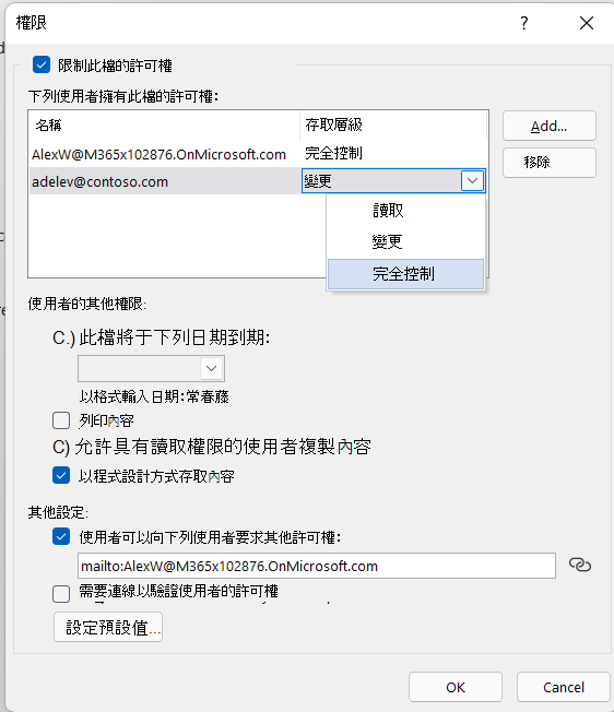 IRM 設定的 [更多選項] 對話框，顯示控制檔案存取的其他選項。