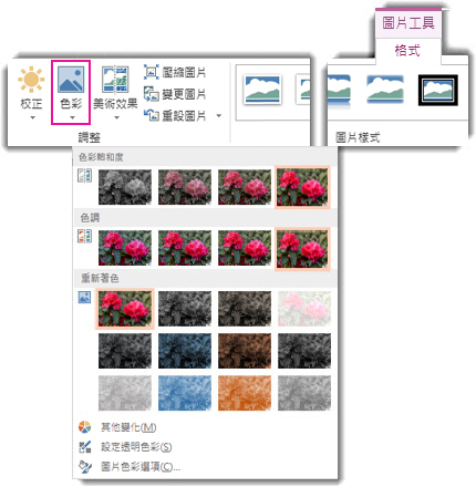 從 [圖片工具] 的 [格式] 索引標籤中開啟的 [色彩] 按鈕功能表