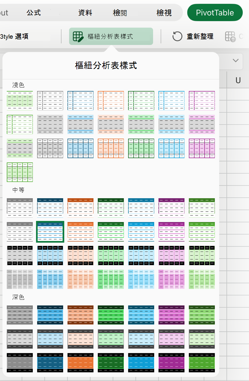 iPad 上的資料透視表樣式庫