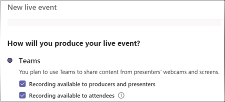 排程活動時，選取 Teams 即時活動的錄製選項對話方塊。