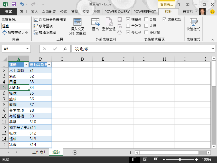 在 Excel 中為表格命名