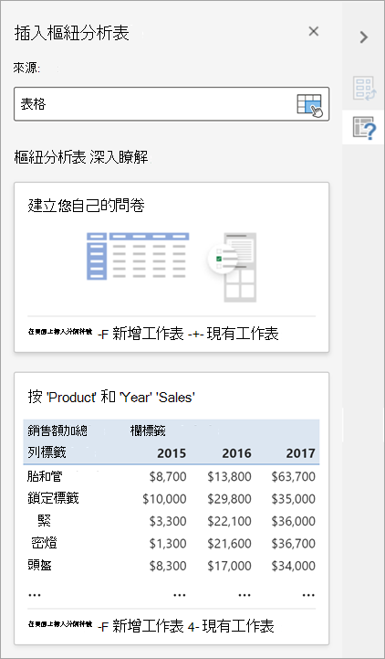 [插入數據透視表] 窗格可讓您設定數據透視表的來源、目的地及其他層面。