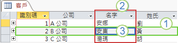 Access 中的客戶資料表，顯示記錄與欄位的版面配置