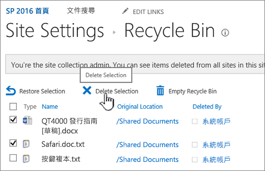 醒目提示 SharePoint 2016 [回收頁面刪除] 按鈕
