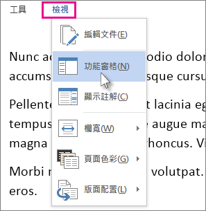 此圖像顯示在閱讀模式中，已選取 [功能窗格] 選項的 [檢視] 功能表。