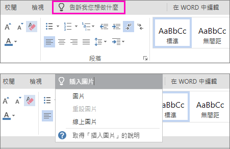 顯示 Word Online 功能區中的 [操作說明搜尋] 搜尋方塊。