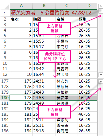 使用分割功能可檢視兩個列區