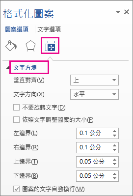 [圖案格式] 窗格中的 [文字方塊] 選項