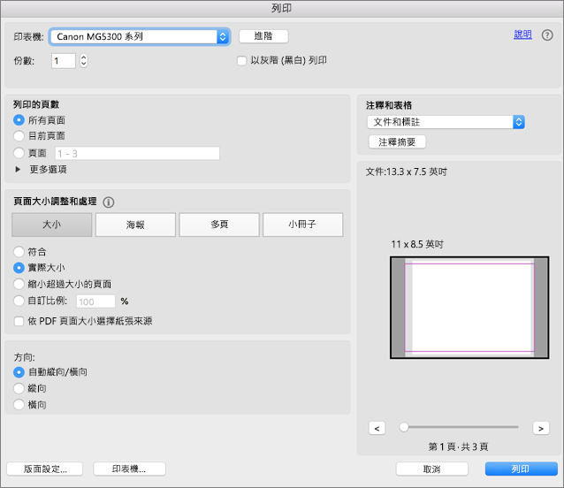 在 [列印] 對話方塊中選擇 [列印設定]