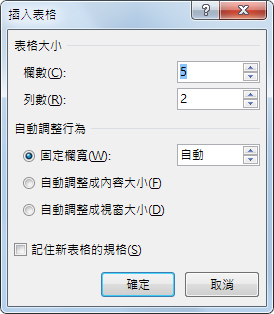 [插入表格] 對話方塊可讓您進一步控制表格外觀。