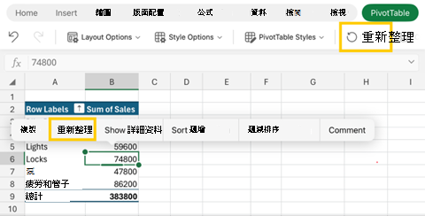 iPad 版 Excel 上重新整理數據透視表的螢幕快照