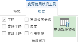 [任務分派狀況工具格式] 索引標籤、[新增詳細資料] 按鈕