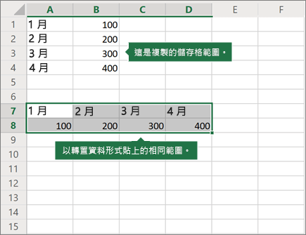 貼上轉置的範例