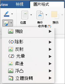 顯示 [圖片效果] 功能表上的選項