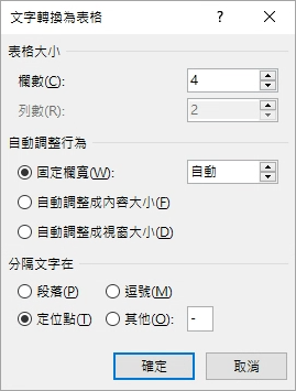 顯示 [文字轉換為表格] 對話方塊。