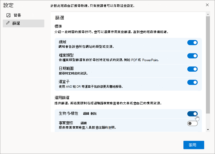 自訂篩選在建立之後出現在 [篩選] 設定中的螢幕擷取畫面。 可以將它切換為開啟和關閉