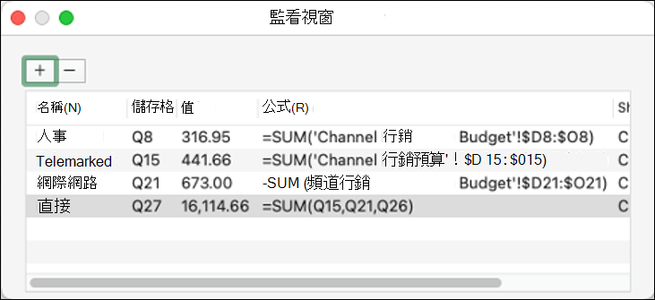 Mac 版 Excel 2021 中的 [監看] 視窗，顯示名稱、儲存格、值和公式